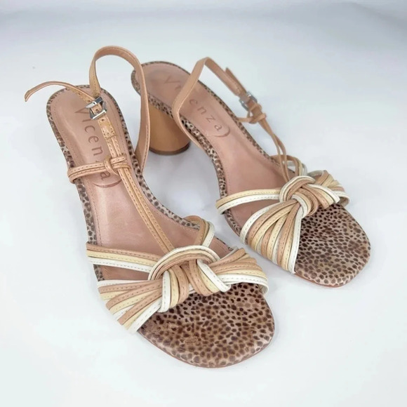 Vicenza Anthropologie Cream Neutral Slingback Heeled Sandals Leather Round Heel - Picture 1 of 14